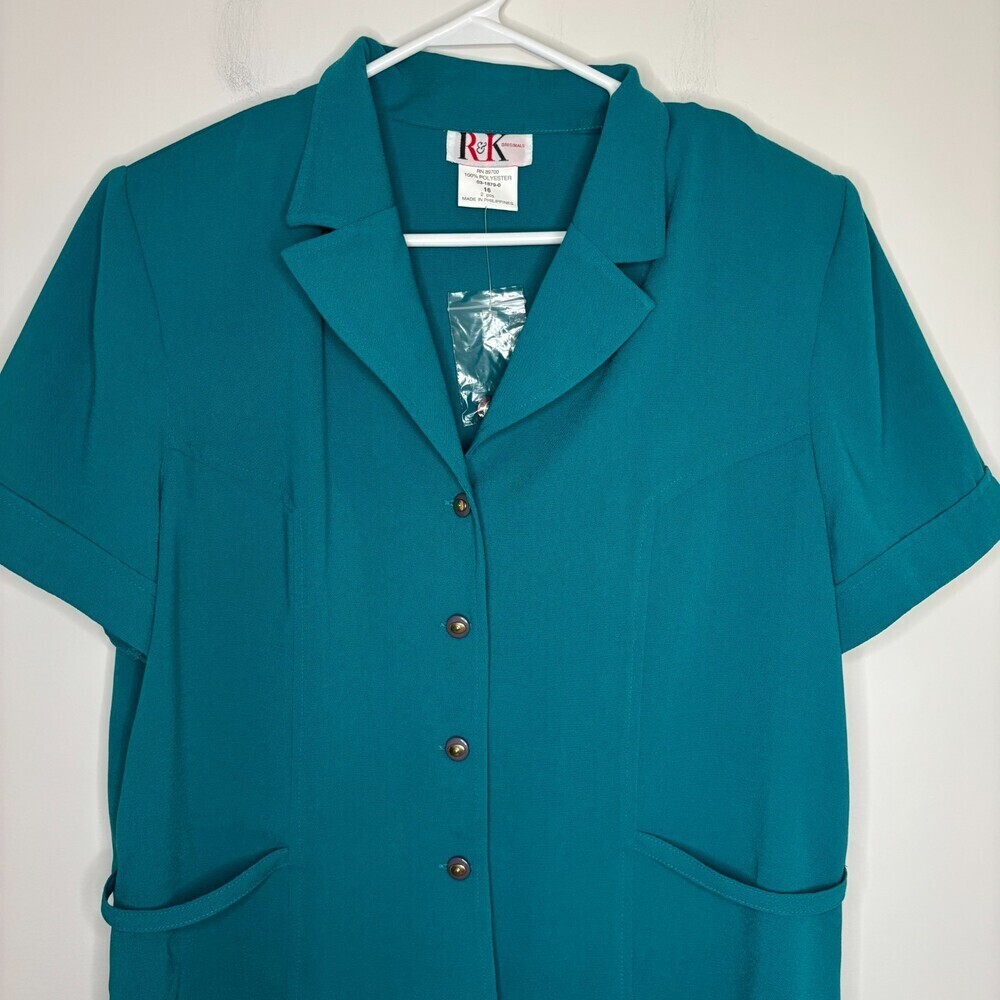 R&K ORIGINALS NEW Button Up Short Sleeve Top Womens 16 Green Polyester Office
